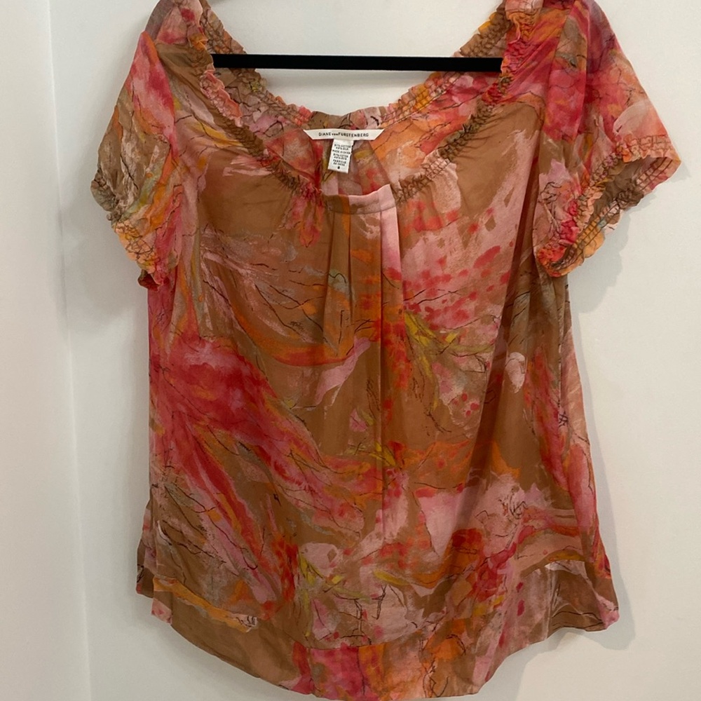Diane Von Furstenberg DVF Loose Sheer Short Sleeve Blouse Shirt Sz. 8 Pink